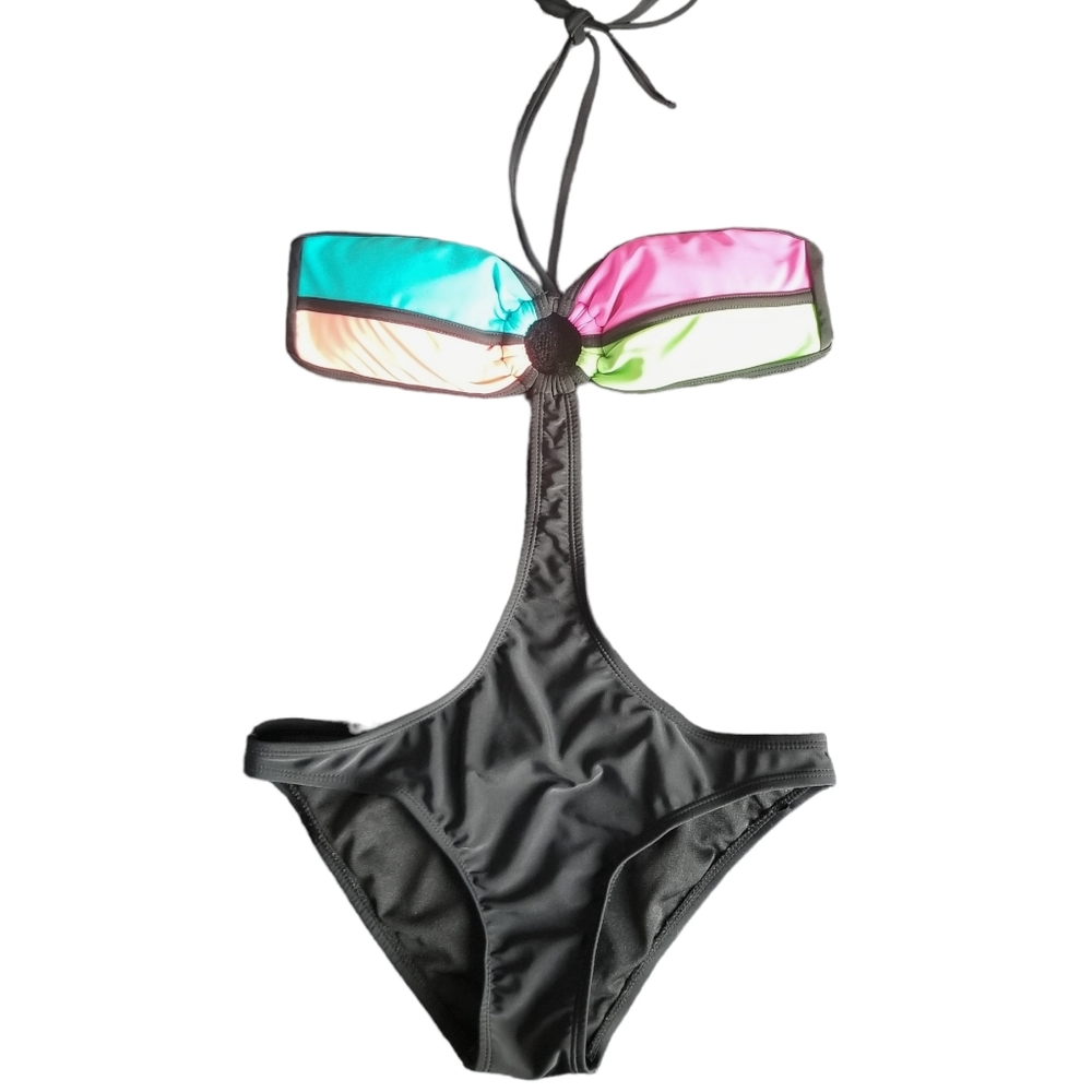 Forever 21 Monokini Bathing Suit Black & Blue/Peach/Pink/Green Top Small